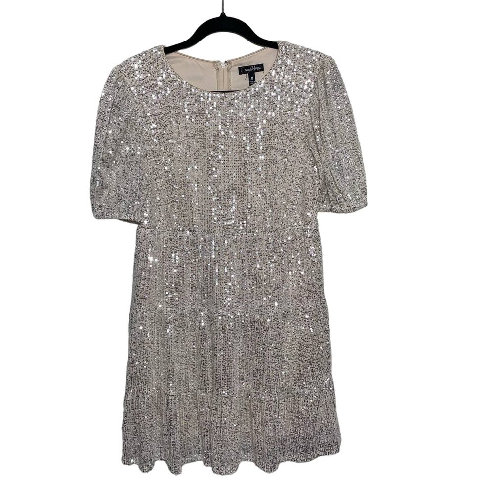 Speechless Short Sleeve Embellished Sequin Mini Shift Dress Silver Womens Medium